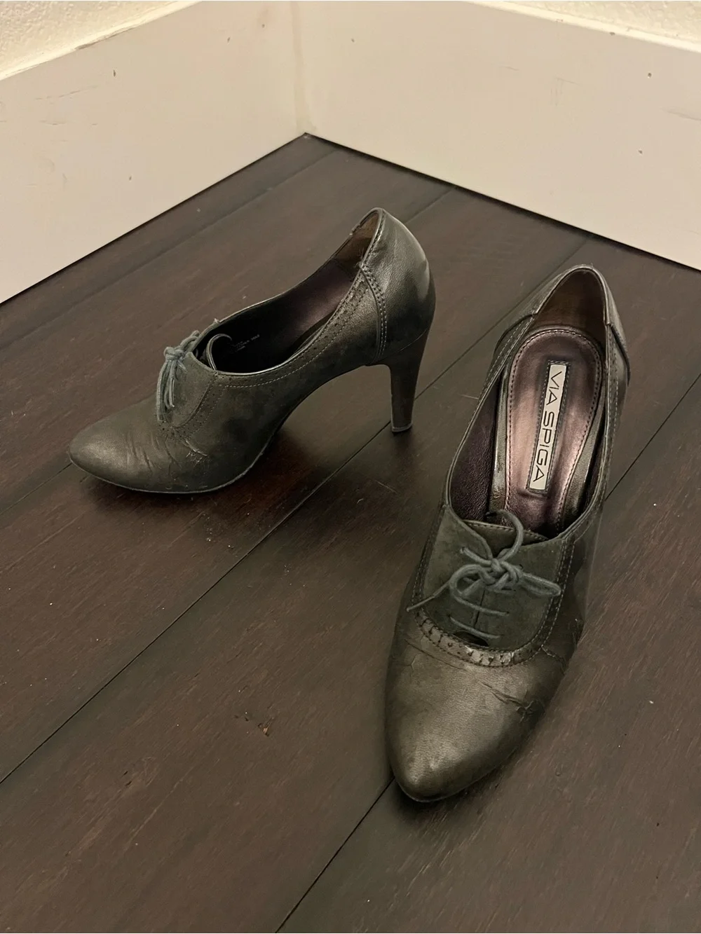 Via Spiga Dark Olive Leather Lace-Up Oxfords